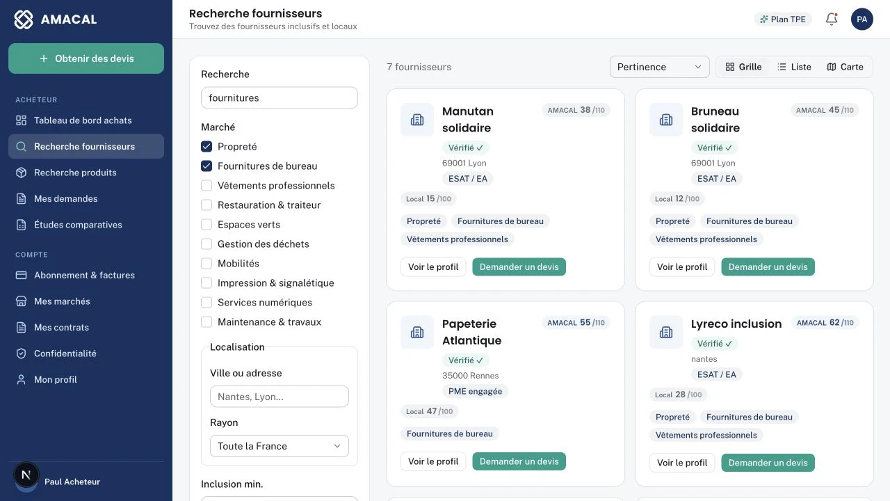 L'application Amacal présente son catalogue de fournisseurs et les critères de recherche.