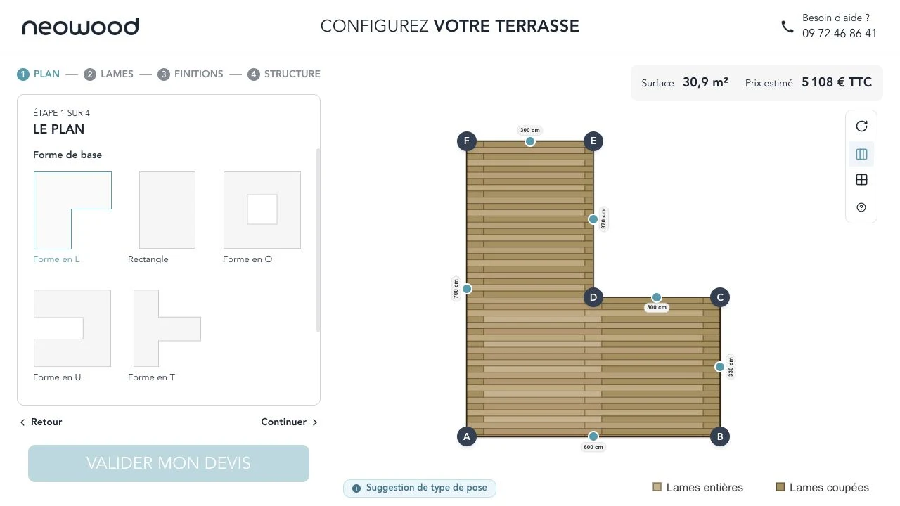 Le configurateur NeoWood affiche un plan de terrasse coté et les étapes de préparation du devis.